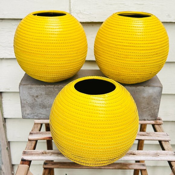 THREE Crate and Barrel Leather Spiral Wrapped Vase 6" Tall/ Wide Mustard Yellow - Picture 2 of 11